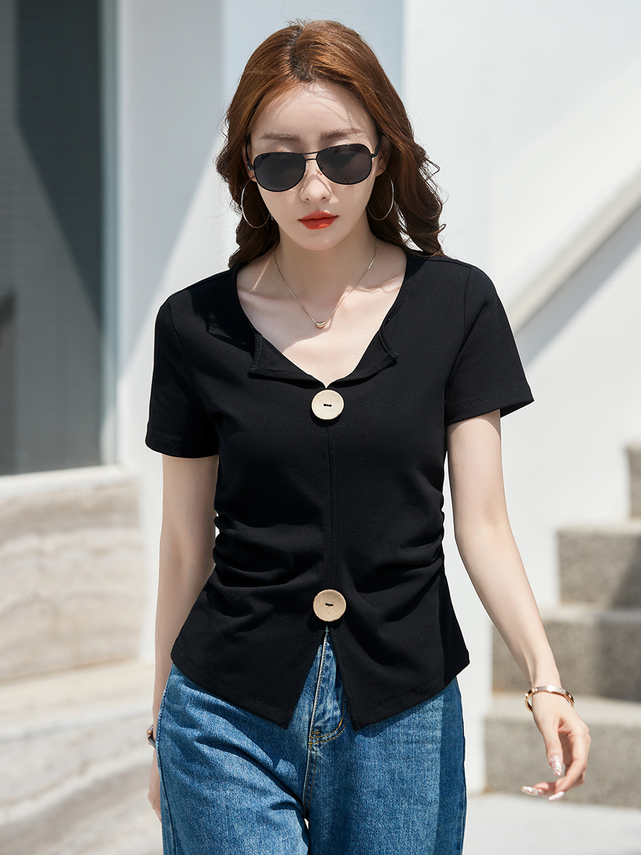 2026 Summer Style Oversized Button Contrast Design Slit V-Neck T-Shirt for Women, Versatile Design Top for Women 287