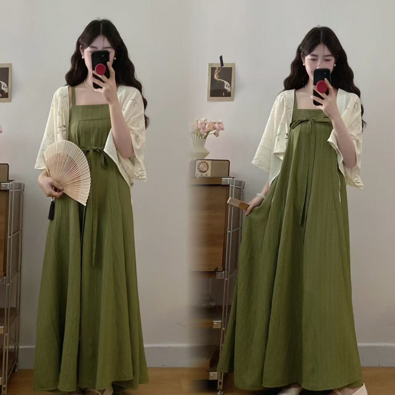 Plus Size Women's Clothing for Fat Girls, New Chinese Style Fairy Improved Han Dynasty Over-The-Knee Dress, Chinese Style Cardigan Two