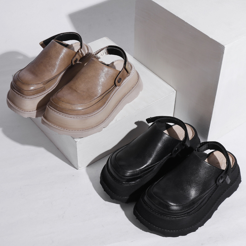 Huigu 2025 Spring and Summer New Thick-soled Baotou Half Slippers Women's Retro Casual Two-wear Lazy Baotou Birkken Shoes
