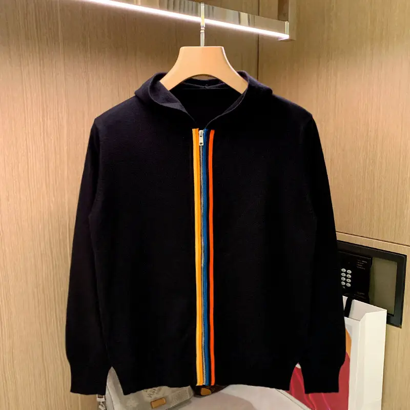 Autumn new trend: zipper open knit sweater for men, hooded top, casual splicing, colorful striped knit sweater for men, jacket