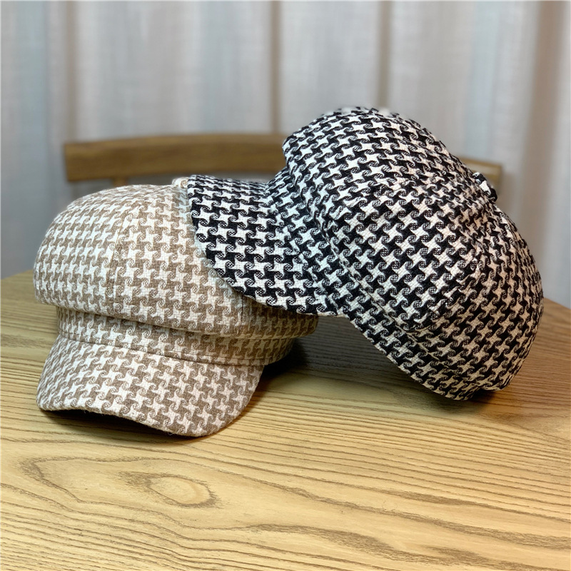 Houndstooth Octagonal Hat for Women, Fashionable and Versatile Autumn and Winter Retro British Painter Hat, Korean Style Fashionable and Versatile Beret
