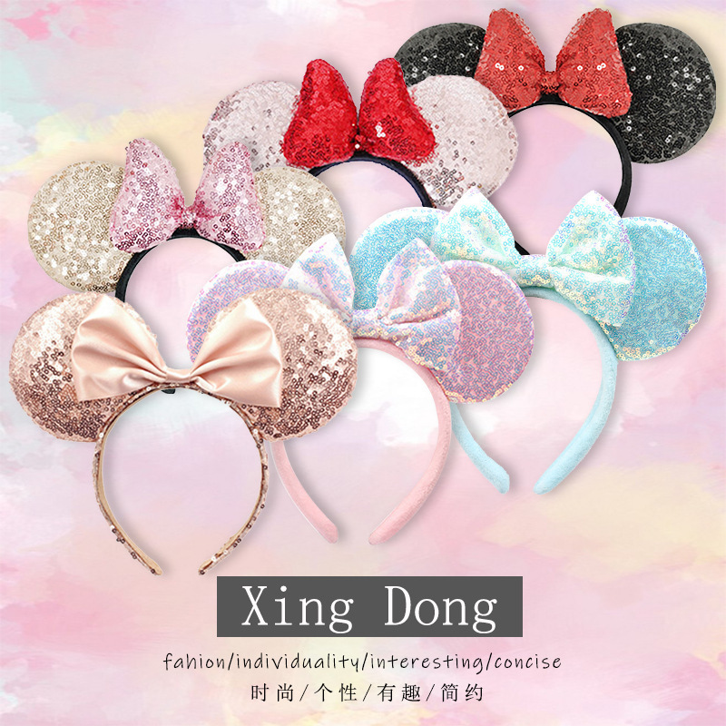 Sequin Bow Headband Paradise Princess Mickey Minnie Mickey Mouse Hair Clamp Headband Adult Children Photo Hair Accessories