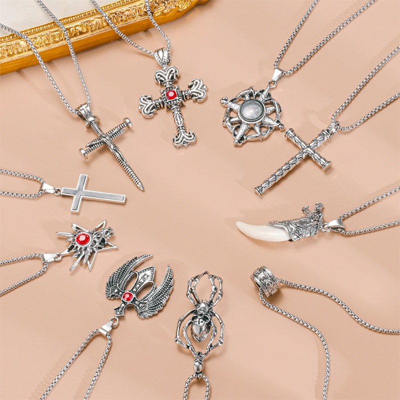 European and American Cross-Border Fashion Titanium Steel Necklace Popular Men's Cross Wolf Tooth Skull Pendant Jewelry