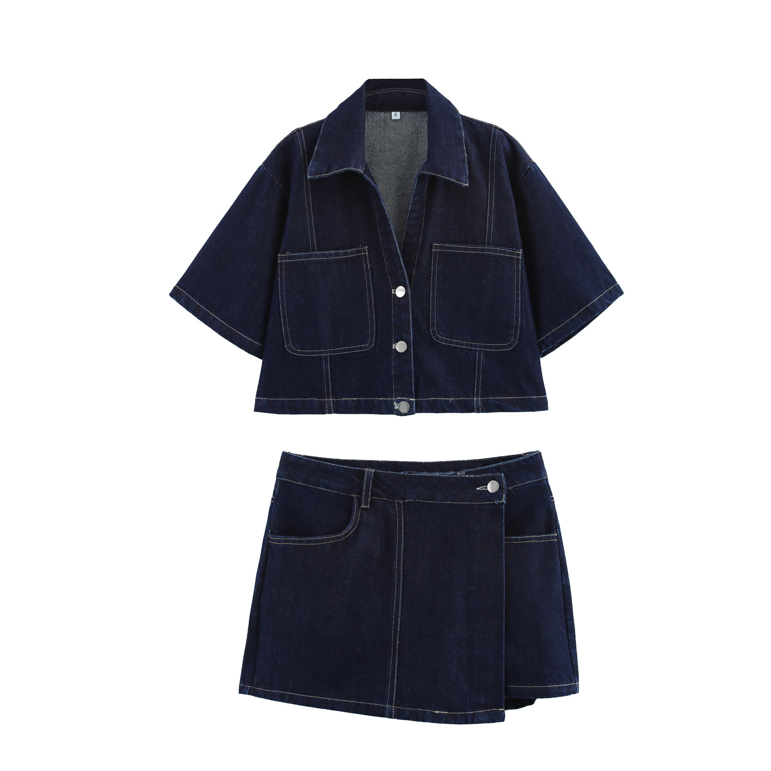 Spring New European and American Style Denim Short Shirt 7484064 Denim Double-Breasted Culottes 7484062 Suit