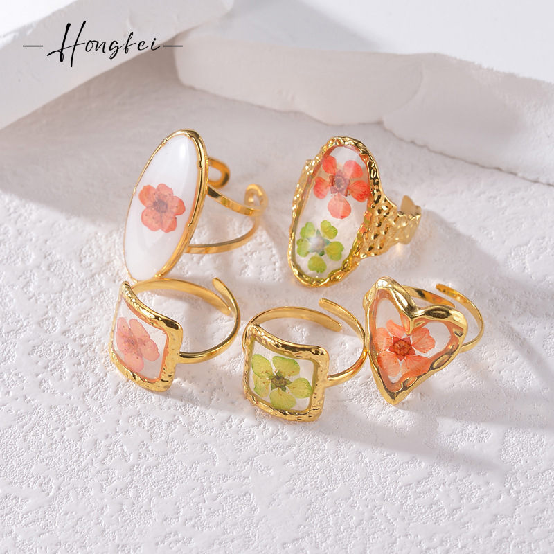 New Chinese style ins style eternal flower series stainless steel open ring fashion OL light luxury ring design high sense