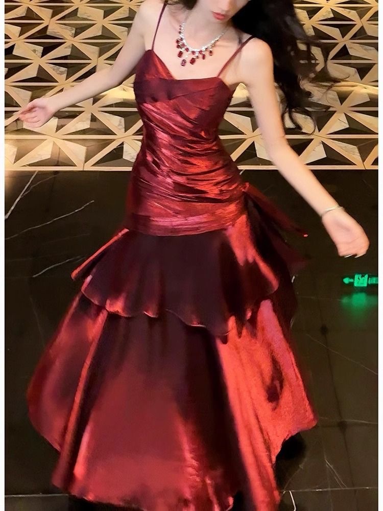 Evening Dress Long Mermaid Ji Ruffled High-end Sling dress Adult Ceremony Banquet Dress Red Dress for Women
