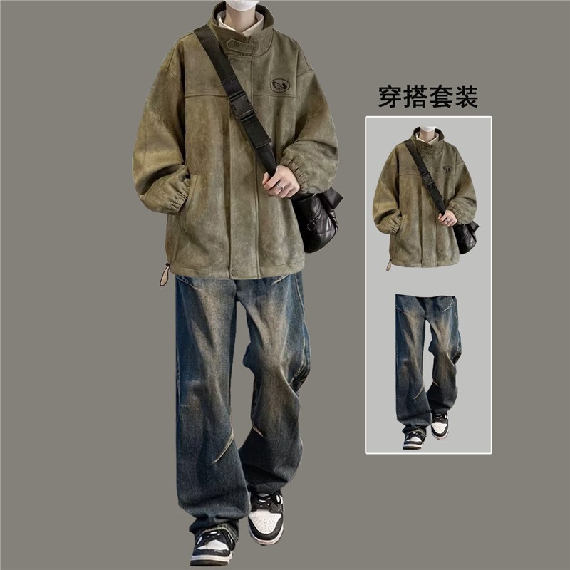 Spring and Autumn American Retro Lapel Jacket Men's Autumn and Winter Suit Boys' Jacket Handsome Winter Suit Trendy Two-Piece Set