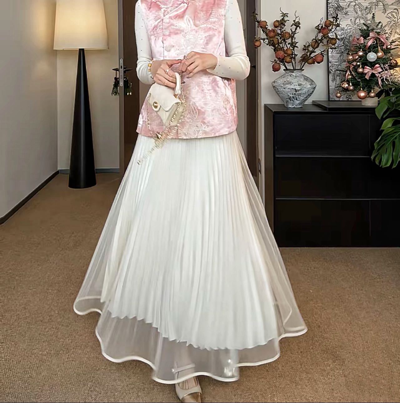 New Elastic Waist Pleated Gauze Skirt, Double-Layered Mesh Skirt, High-Waisted Slimming Mid-Length Fairy-Style Flared Skirt for Women