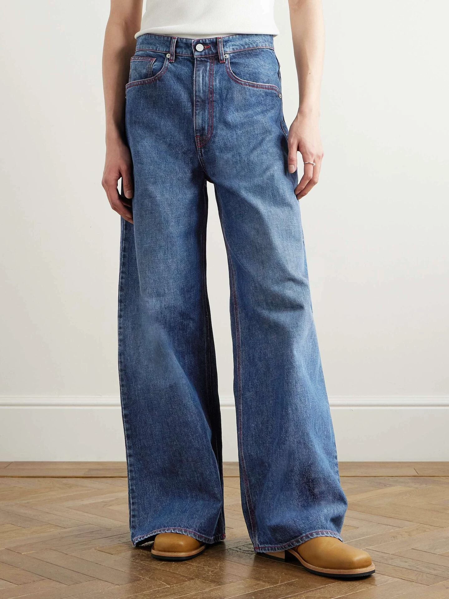Erl 25Ss New Washed Blue and Red Line Loose Wide-Leg Pants Baggy Simple Basic Commuter Jeans