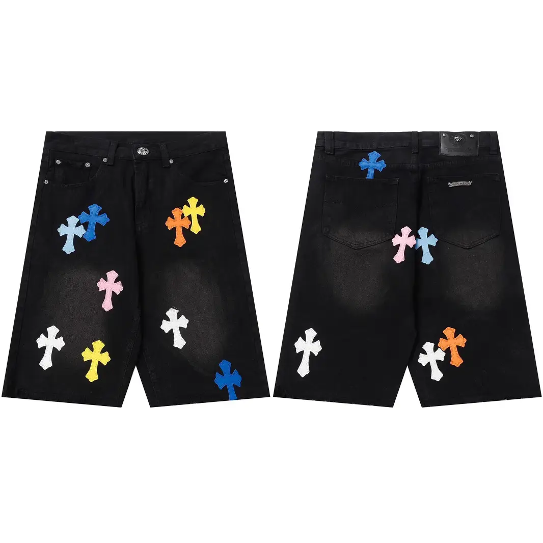 Cross-Border Ch Crow 2025 Summer New Style Cross Sanskrit Leather Denim Shorts Couple Style Drop Shipping