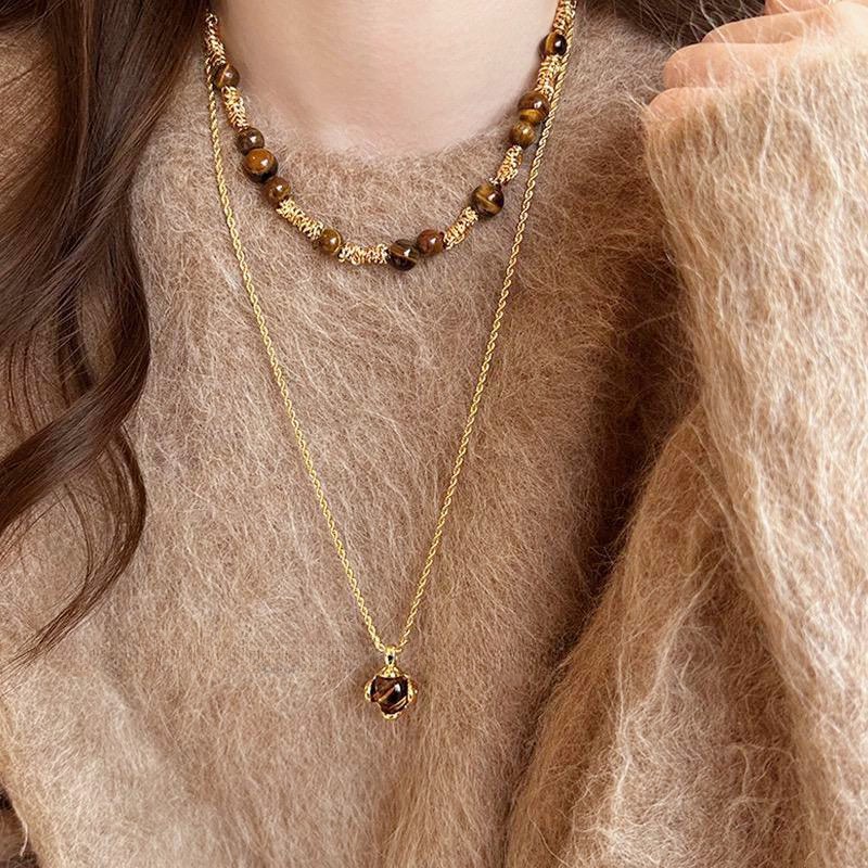 Natural Tiger Eye Stone Maillard Style Long Woolen Chain Necklace Women's Autumn and Winter Light Luxury High-end Double Layer Stacked Necklace