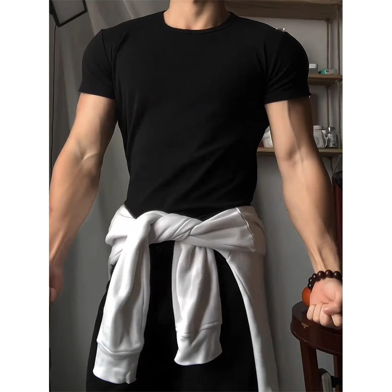 Summer European and American Men's Muscular Men's Fitness Sports T-shirt American Round Neck Elastic Slim-fit Short-sleeved Training Clothing Trendy Foto QC de 1688 na Qualit.ly