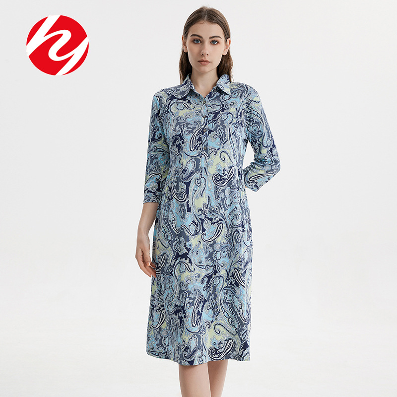 Huaye Silk Dress Summer Large Size Loose Slimming Mulberry Silk Knitted Printed Cropped Sleeve Long Dress for Women