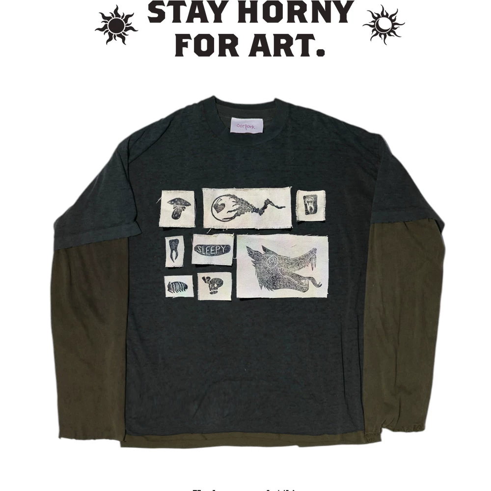 MELANIN Black Tattoo Dark Style Retro West Coast Oversize American Two Piece Set Long Sleeve T-shirt