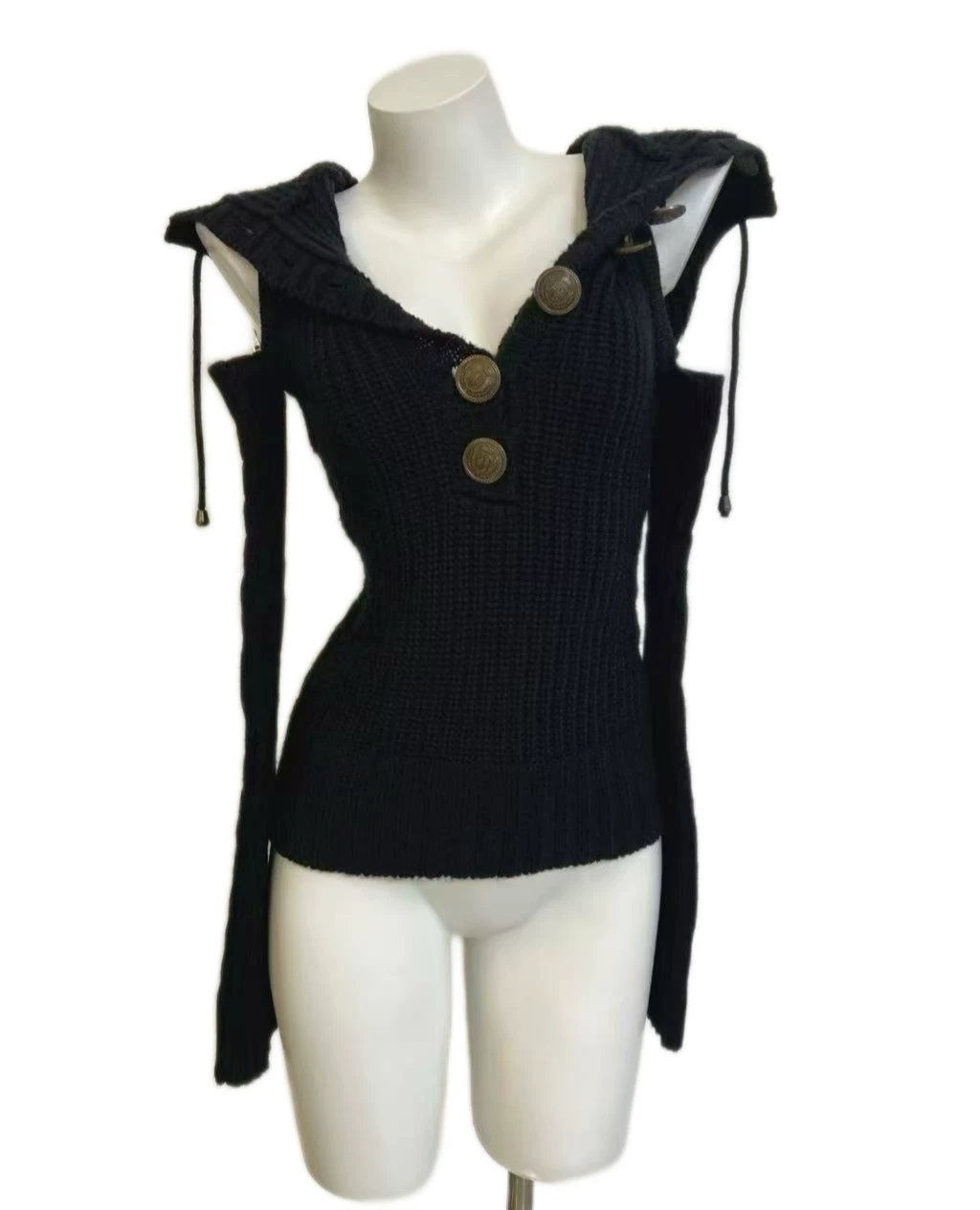 (Good Night) in Stock D.I.A Black Hooded V-Neck Button Pullover Knitted Vest/Oversleeves