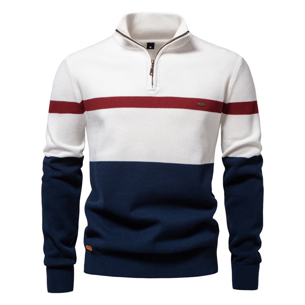 2024 autumn and winter new European size cross-border collar men's sweater half zipper color matching sweater quality foreign trade men's clothing