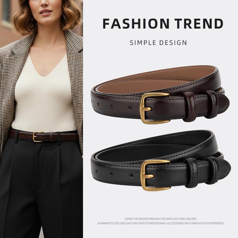 Women's Leather Belt, Genuine Leather, Suitable for Dresses, Fashionable and Versatile, High-End Decorative Accessory for Suits, Black Jeans Belt