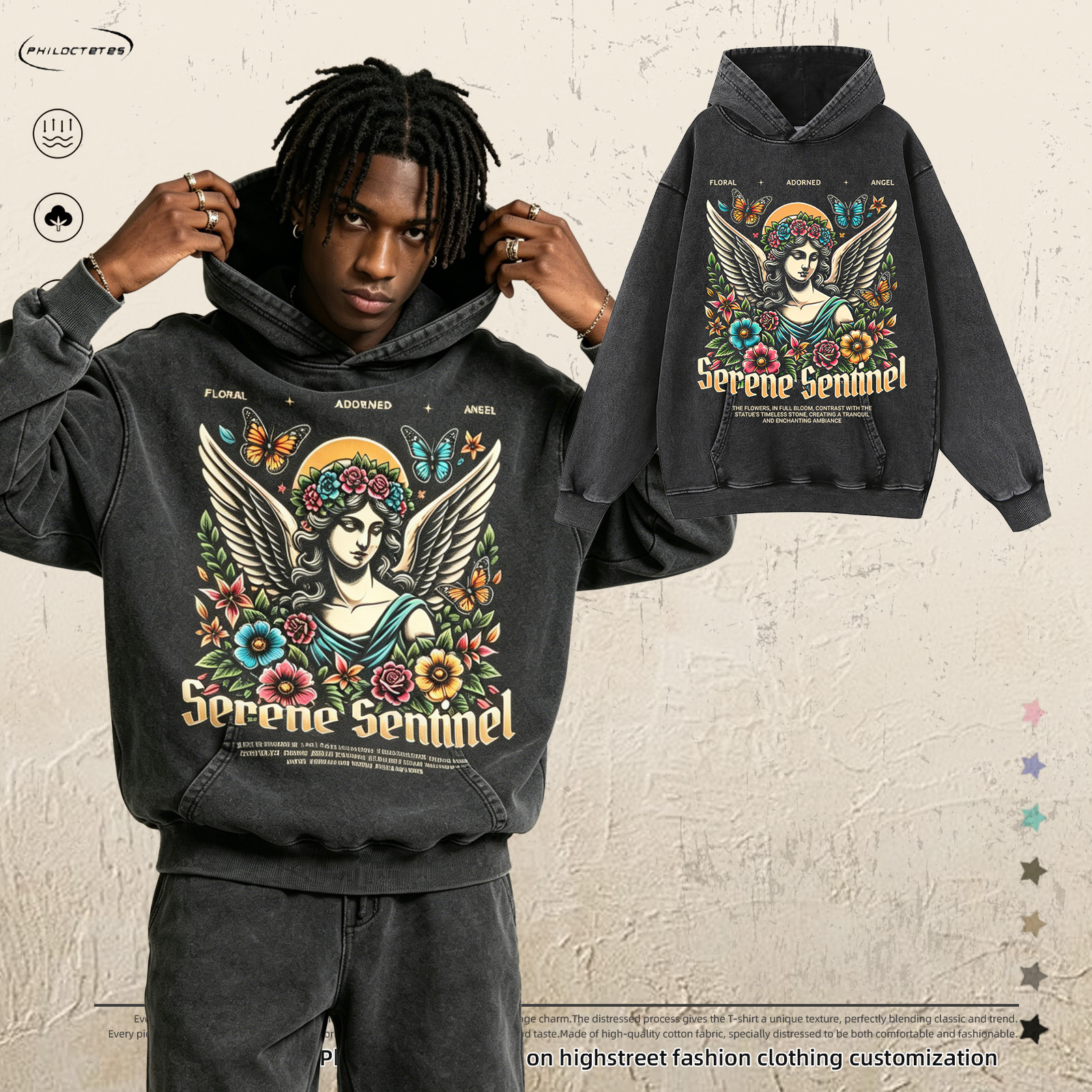 American High Street Style Vintage Washed Hooded Sweatshirt with Floral Angel Print, Loose Oversized Hoodie Wholesale Supply