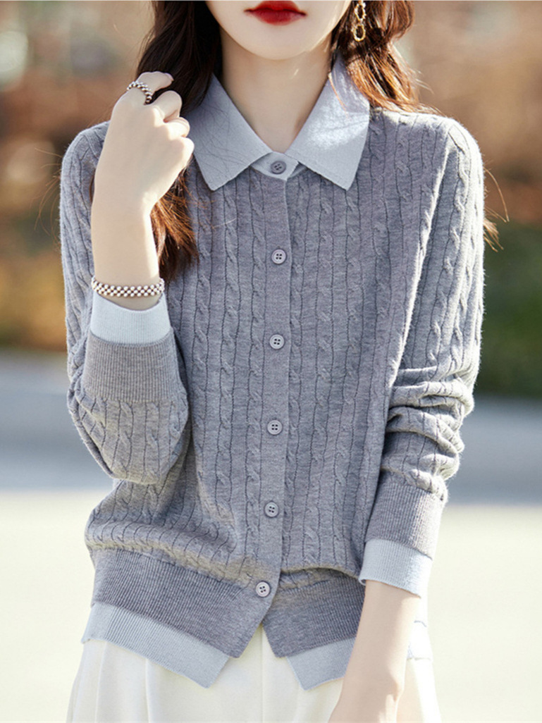 Lazy Wind Contrast Color Sweater Women's Korean Style Autumn Fake Two-Piece POLO Collar Single-Breasted Casual Twist Knitted Cardigan Women