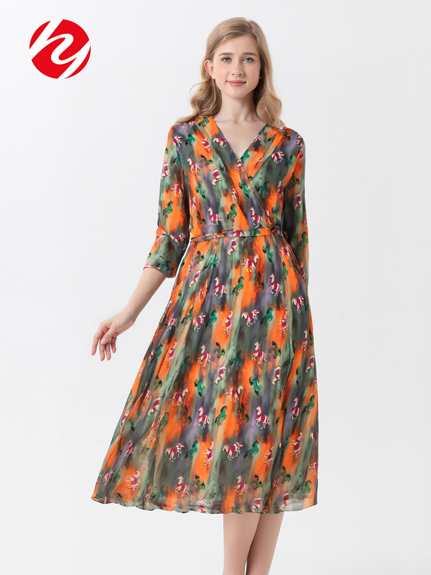 Huaye Silk Printed Seven-Sleeve Dress Summer New Women's V-Neck Mulberry Silk Knitted Waisted Large Skirt