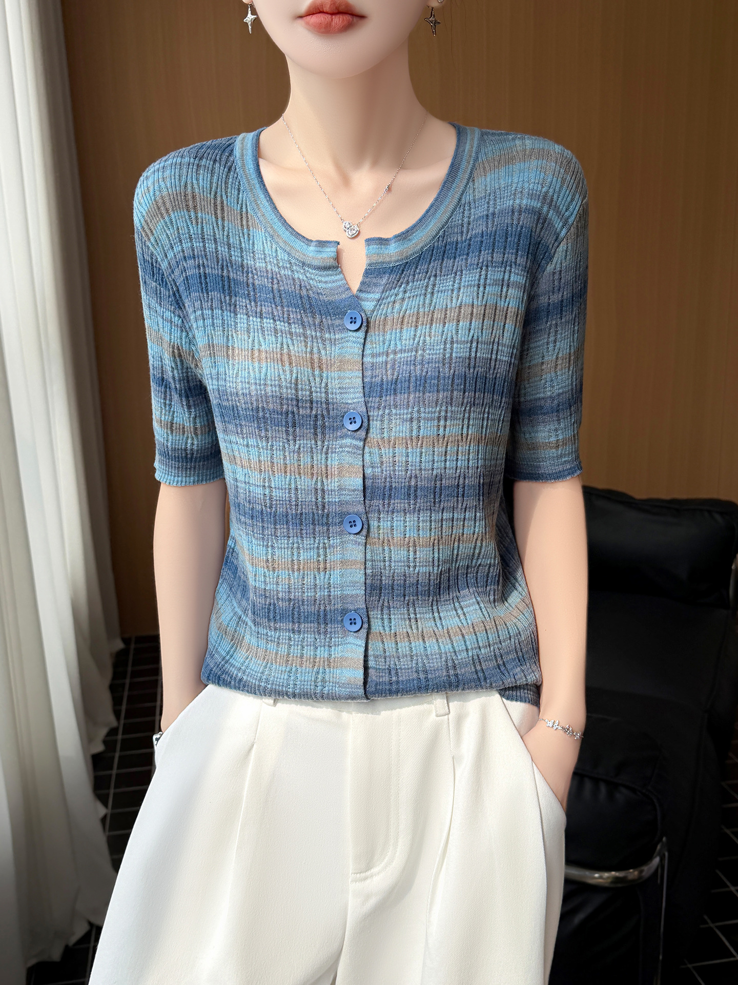 2026 Spring/Summer New Tencel V-Neck Knitted Cardigan Short Sleeve Women's Hollow-Out Colorful Striped Loose Versatile Top