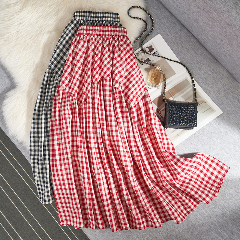 Plaid Skirt for Women 2026 Spring and Autumn Retro Cotton and Linen High-Waisted Irregular Large Hem A-Line Slimming Casual Mid-Length Skirt