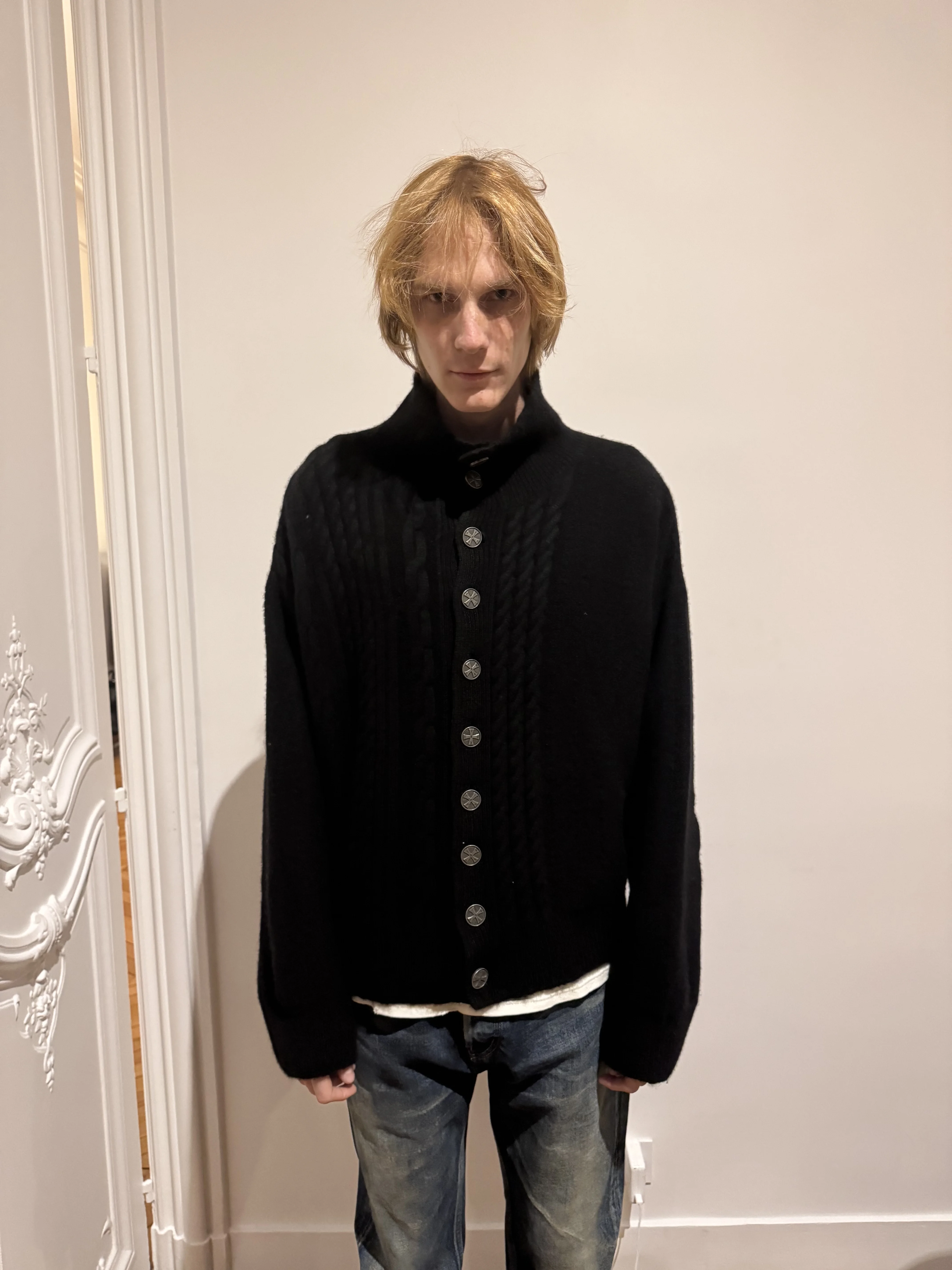 Erd25Fw Melancholic Rich Second-Generation Black Turtleneck Cardigan with Silver Buckle and Distressed Wool