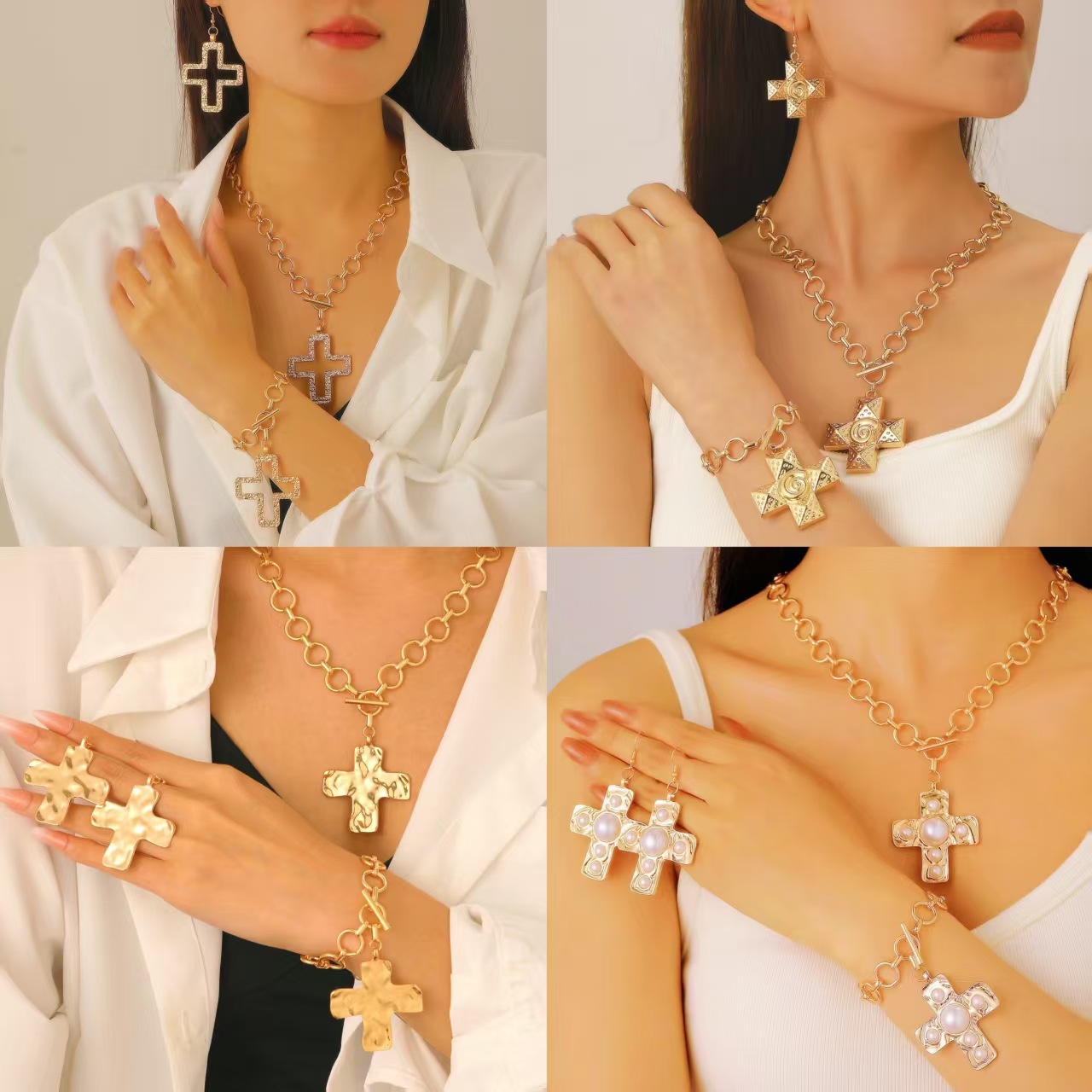 European and American Cross-border Jewelry Personalized Cross Alloy Pendant Necklace Cold Style Clip Simple Cyber Popular Clavicle Chain for Women