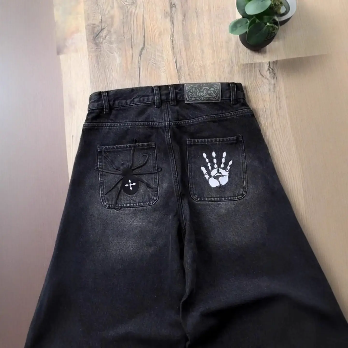 European and American Cross-Border American High Street Fashion Embroidered Personalized Street Trendy High-Waisted Jeans Casual Versatile Wide-Leg Pants