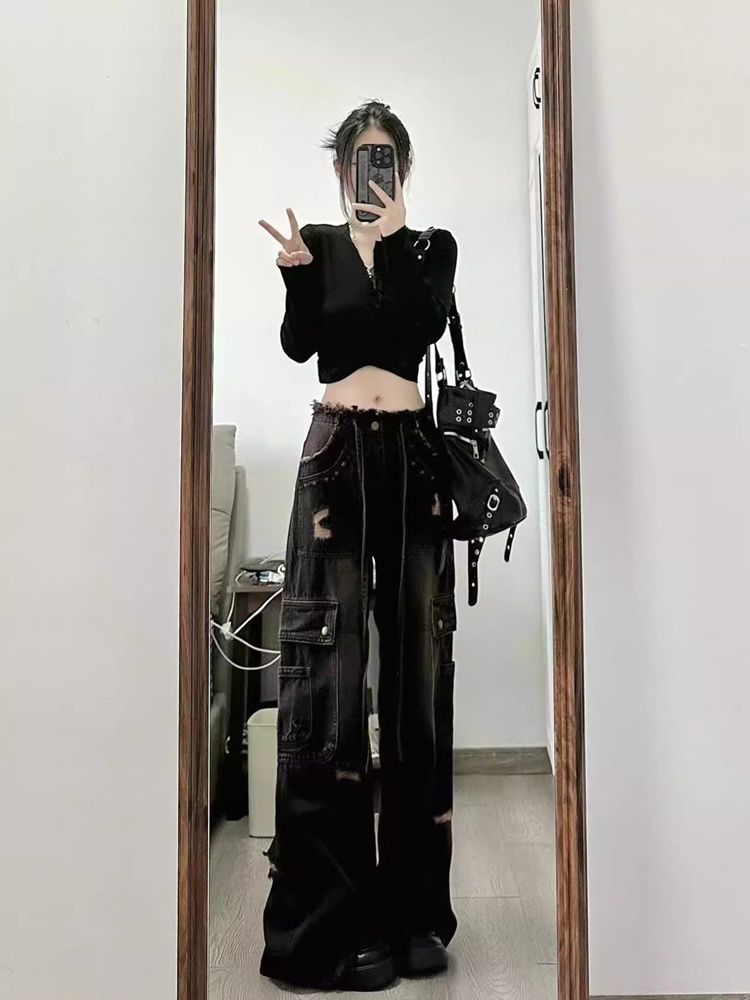 American Retro Distressed Raw Edge Jeans for Women, 2026 Spring New Design, Loose Fit, Slimming Wide-Leg Pants