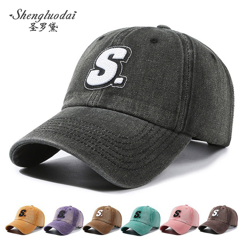 Hat Men's Retro Old Denim Baseball Cap Fashion Casual Trendy Letter S Label Cap for Men and Women Couple