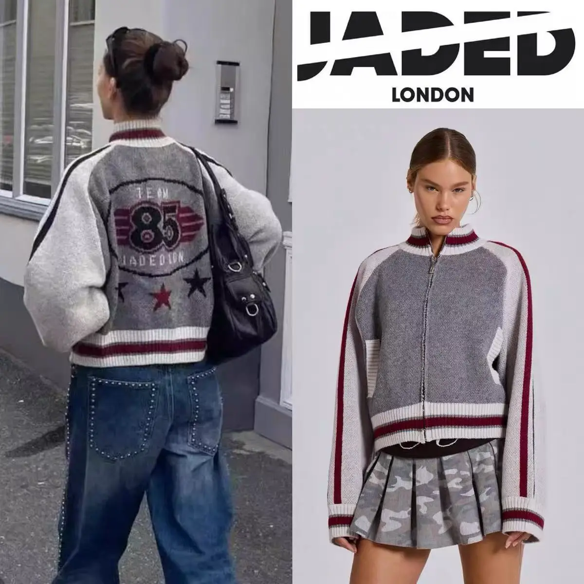 Jaded London European and American Style Retro Color-Block Striped Stand-Collar Zip-Up Sweater Jacket with 85 Pattern on the Back