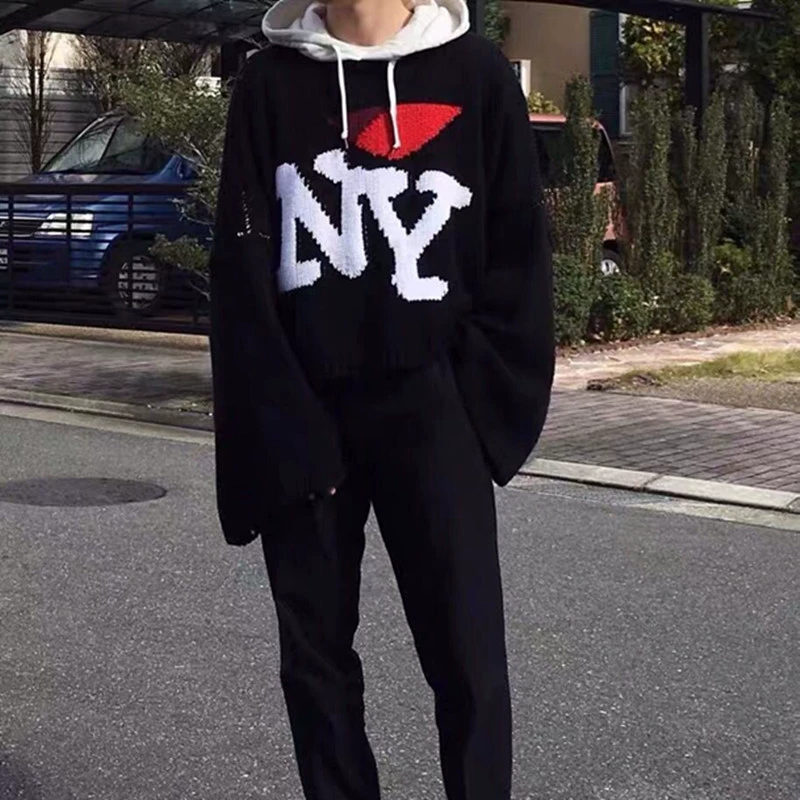 Raf Wool Knit Ny Letter Jacquard Pullover Sweater Casual Loose Batwing Sleeve Knitwear Jacket Trendy