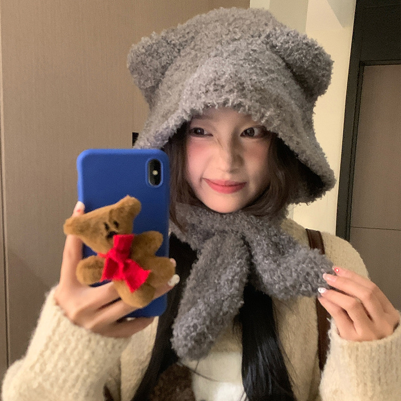 Cute Bear Scarf Hat All-In-One Warm Woolen Hat for Women 2025 Autumn and Winter New Ear Protection and Cold Protection Knitted Hat