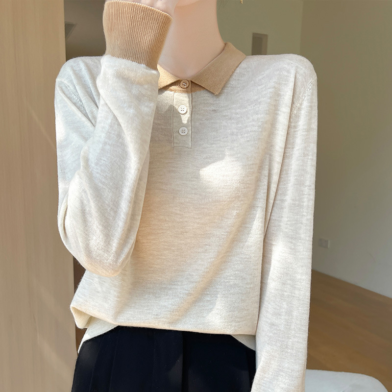 Early Autumn 2024 New Style Worsted Wool POLO Collar Contrast Knitted Shirt Long Sleeve Women's Loose High-end Top