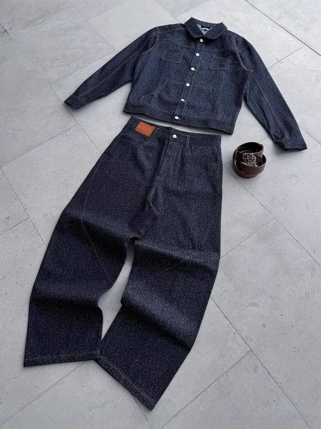Cross-border mertra denim jacket suit men's fall new high street printing splicing heavy duty jeans suit