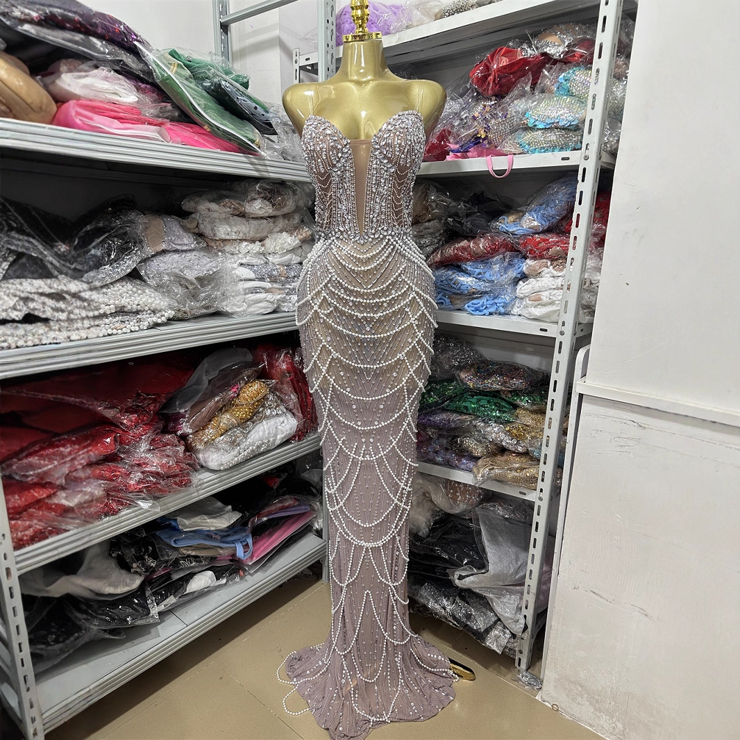 High-Quality Fashionable Backless V-Neck Slim-Fit Beaded Chain Rhinestone Long Bodycon Dress Gown