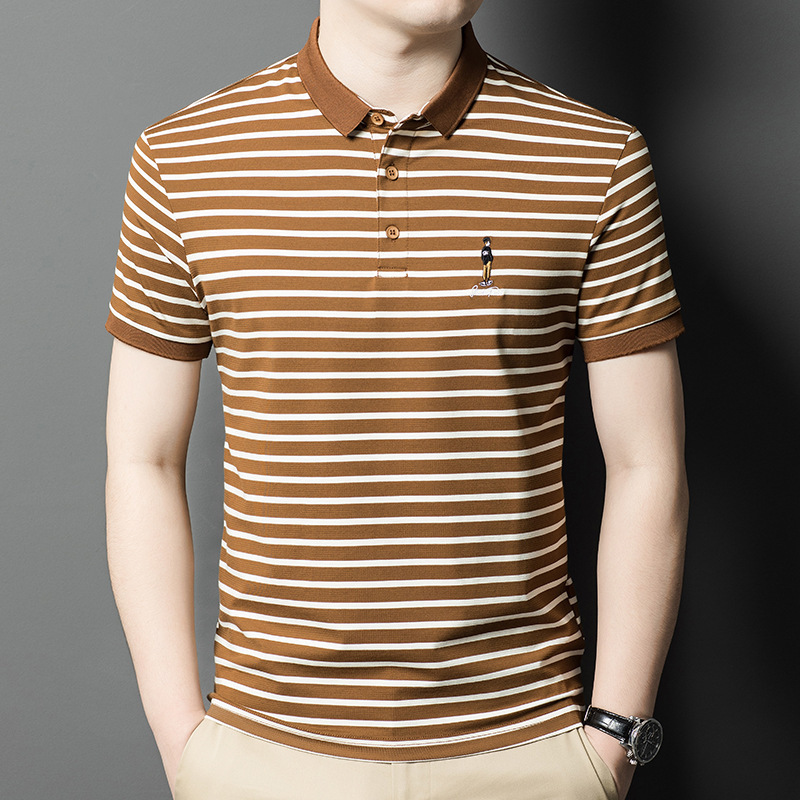 2024 Summer New Style Stripesd Men's Short-Sleeved T-Shirt Fashionable Casual Lapel Cotton Korean Style Bottoming Shirt Top