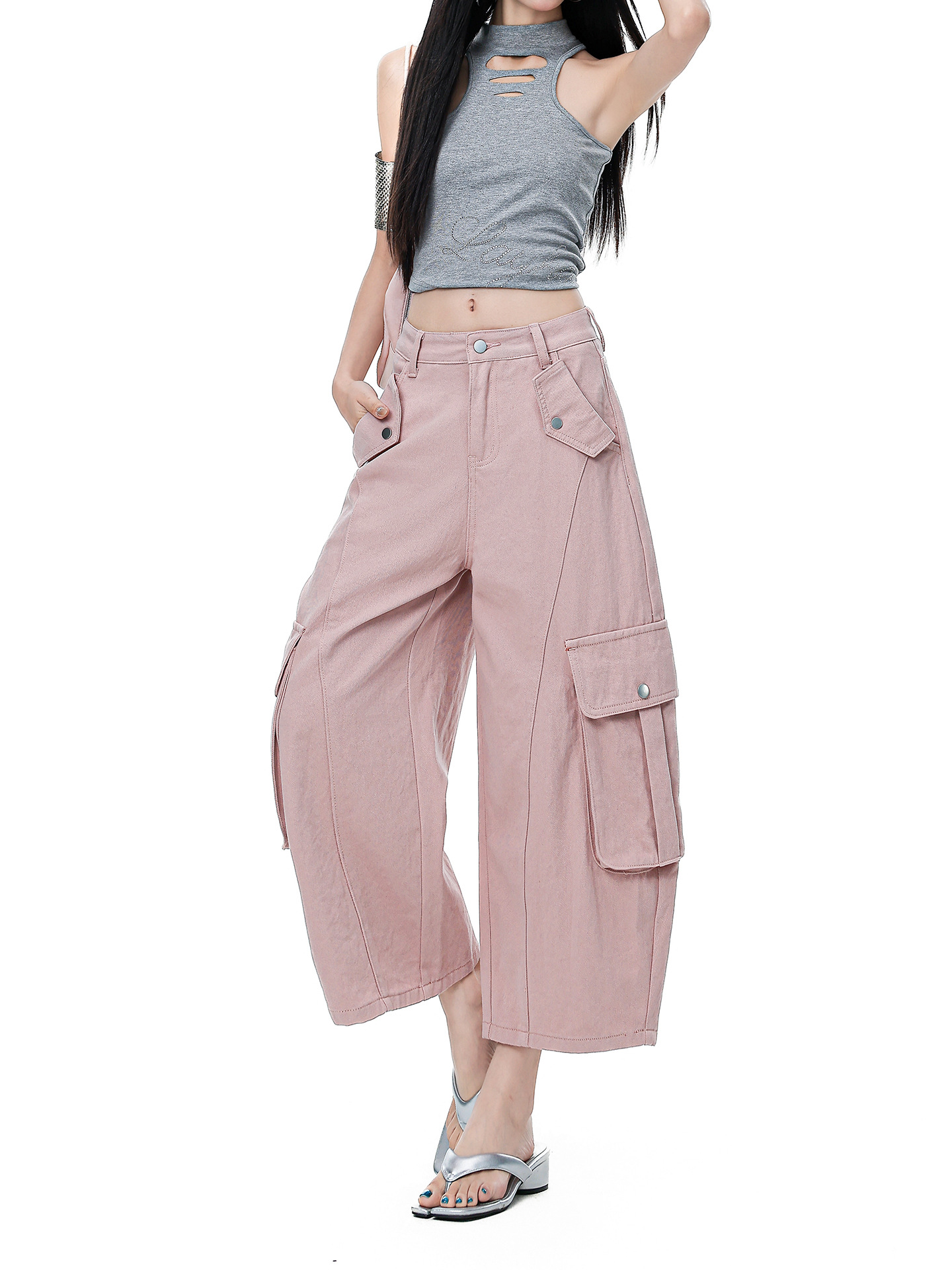 Pink Work Pants for Women, Summer Thin Style, New Model for Petite Figures, Straight Casual Style, New Patchwork Loose-Fitting Cropped Pants