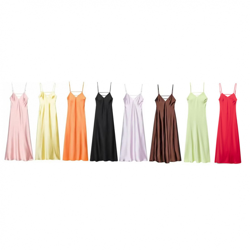 Cross-Border Foreign Trade Women's Clothing 2026 Spring European and American Style Silk Satin Texture Solid Color Long Suspender Dress D6250476