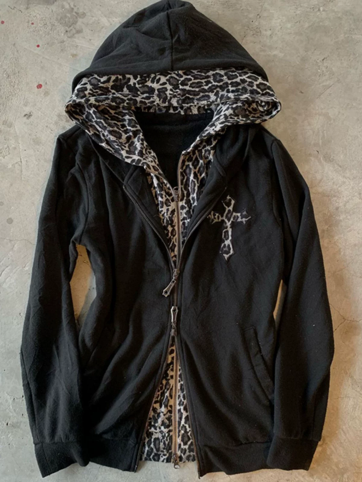 Baoye Girl Original American Retro Fake Two-Piece Hooded Sweatshirt Jacket for Women with Leopard Print Patchwork Design