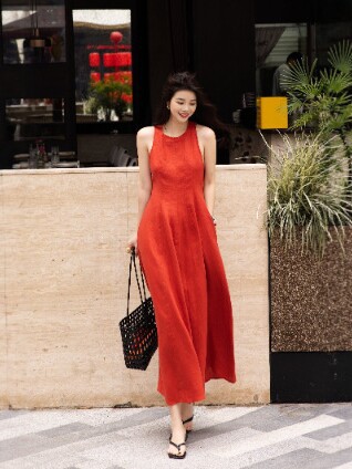 Bc Same Style Heavy-Duty Enzyme-Washed Linen Dress for Women, Summer Elegant Long Dress, Vacation Style, Sleeveless, Loose Fit, Slimming Long Dress
