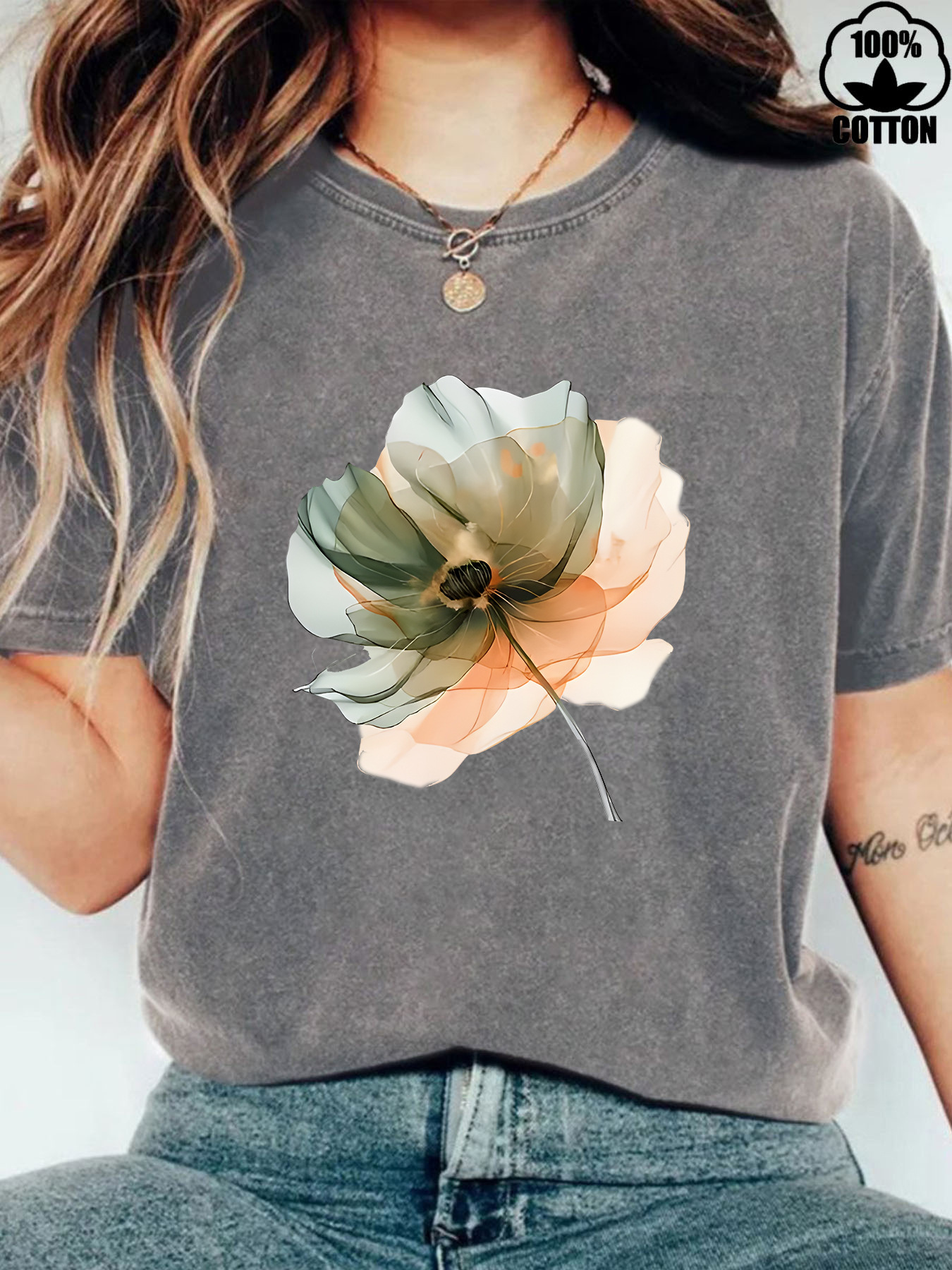 Cross-Border European and American Orange-Green Gradient Floral Print Fashion Loose Short-Sleeve Round-Neck T-Shirt for Women, Pure Cotton Washed Vintage T-Shirt