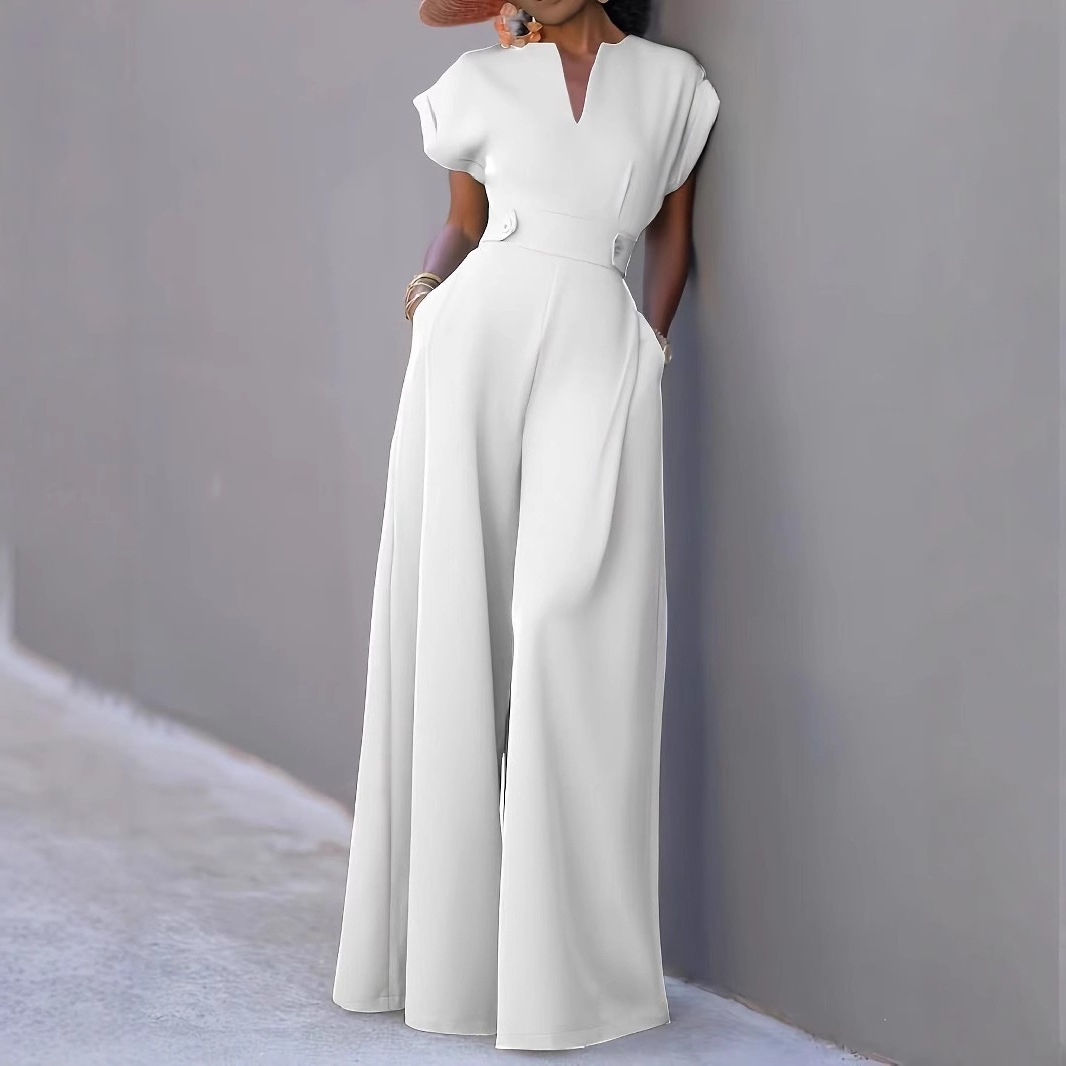 2026 Cross-Border European and American Women's Fashion New Style Elegant and Fashionable Solid Color Half-Open Collar High-Waisted Wide-Leg Sleeveless European and American Jumpsuit