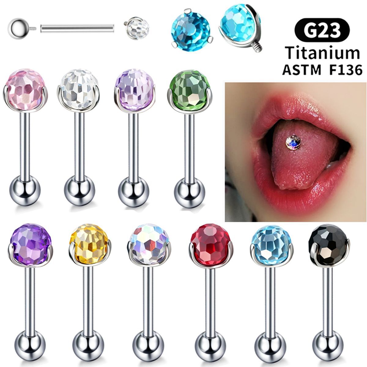 Flashing F136 Titanium Alloy Disco Ball Tongue Ring with Three-Pronged Small Light Bulb Design, Zirconia Internal Thread, Suitable for Drinking