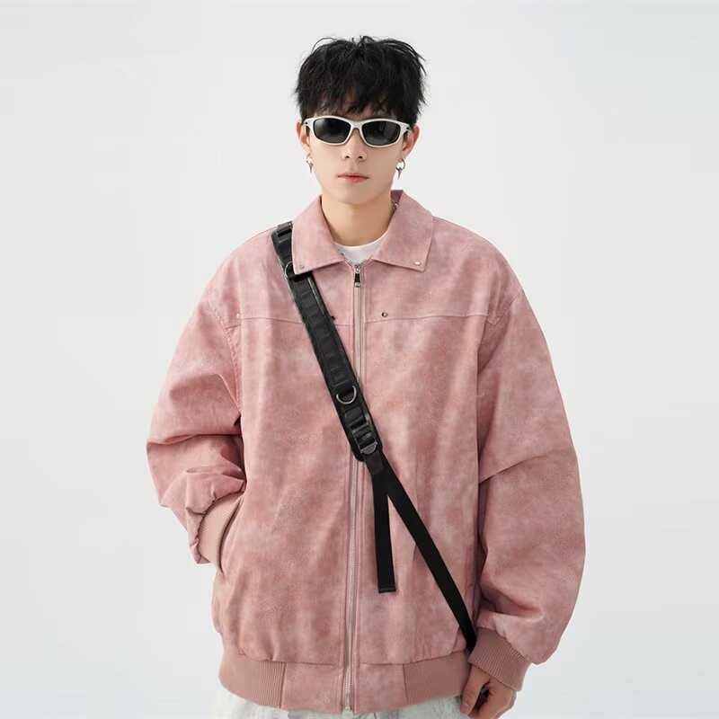 High Street Zipper PU Leather Jacket Men's Spring and Autumn New Loose Retro Aviator Suit Lapel Leather Jacket