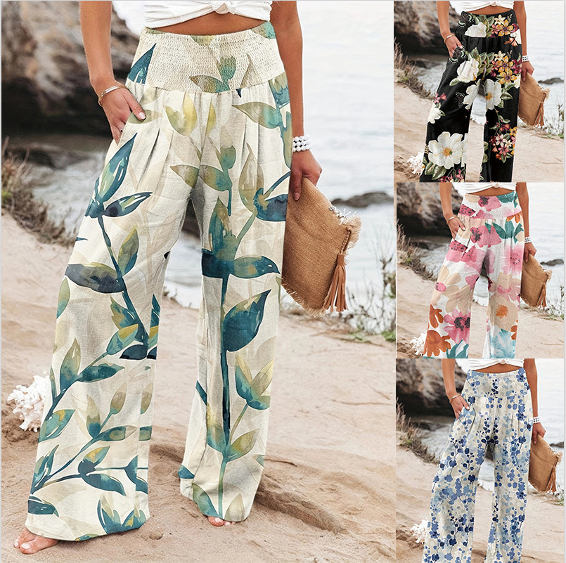 2026 European and American Spring and Summer Amazon Cross-Border New Four-Season Casual Wide-Leg Pants Printed Hot-Selling Loose Long Pants for Women