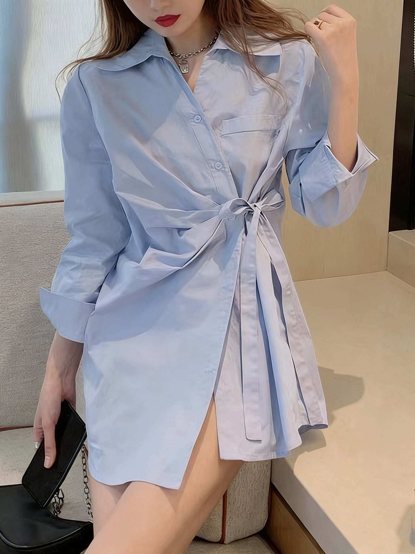 Blue Designer-Style Niche Tie-Up Shirt for Women, 2026 Spring and Autumn New Long-Sleeve Elegant Mid-Length Top