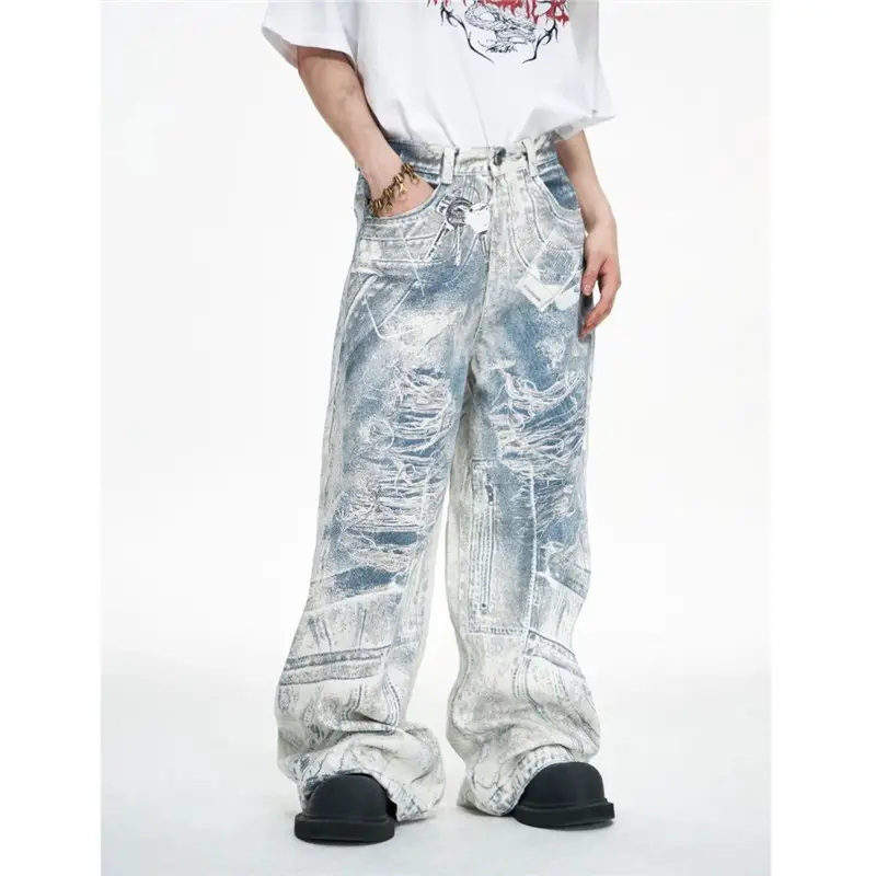 American Retro 3D Printed Scimitar Jeans for Men, High Street Loose Fit, Slimming, Casual, Lazy Style, Wide-Leg Pants