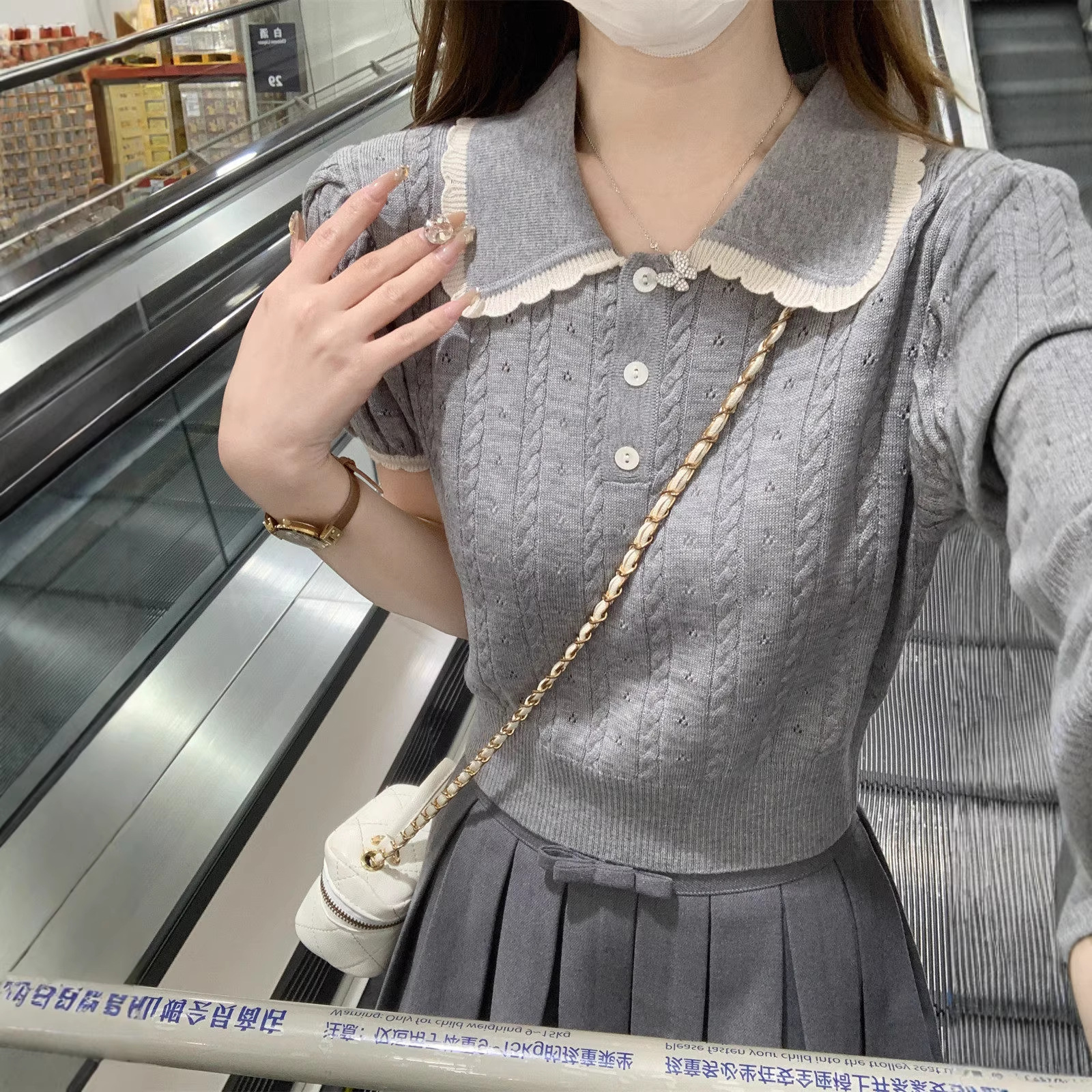 French-Style Sweet Twist Doll Collar Puff Sleeve T-Shirt for Women, Summer Slim-Fit Design, Knitted Short-Sleeve College Style Top
